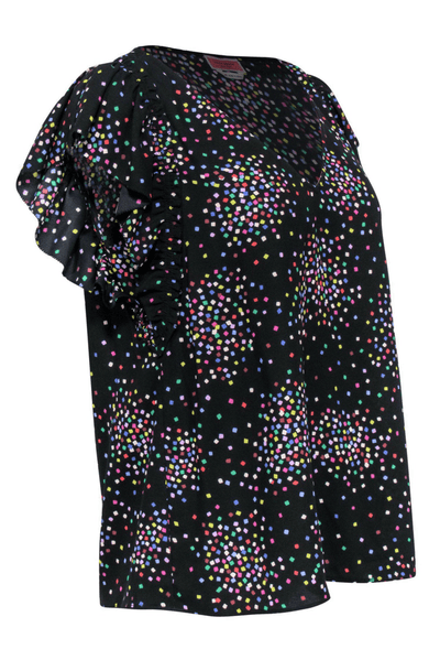 Kate Spade - Black & Multicolored Speckled Short Sleeve Ruffle Blouse - Trendy Seconds