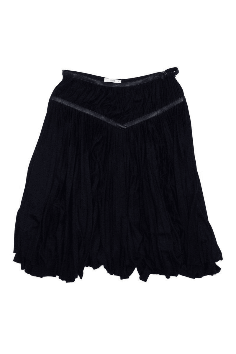 Prada - Black Pleated Silk & Leather Trim Skirt - Trendy Seconds