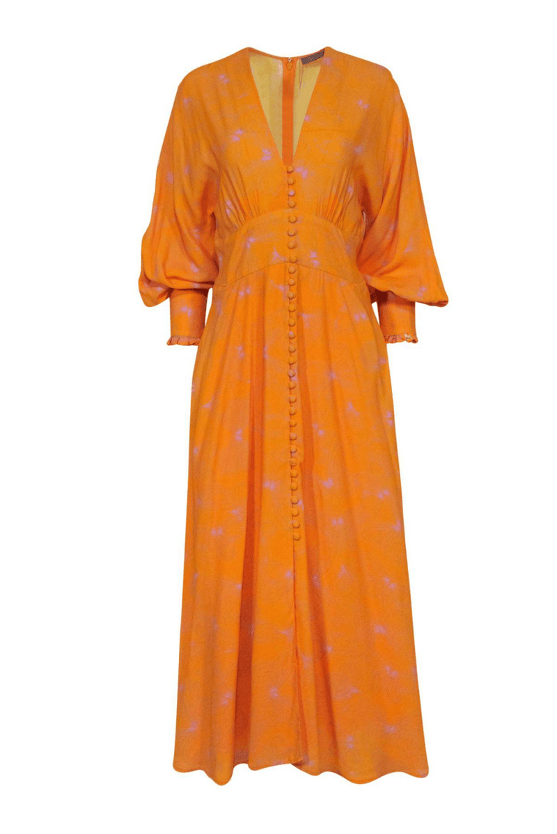 Lela Rose - Mustard & Lilac Butterfly Print Long Sleeve Button-Up Maxi Dress - Trendy Seconds