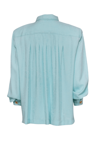 Doncaster - Blue Brocade Textured Button-Up Blouse - Trendy Seconds