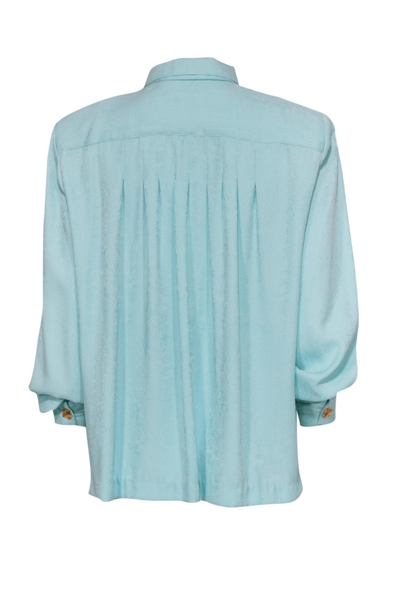 Doncaster - Blue Brocade Textured Button-Up Blouse - Trendy Seconds