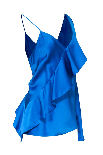 Diane Von Furstenberg - Bright Blue Satin One-Sleeve Ruffle Blouse - Trendy Seconds