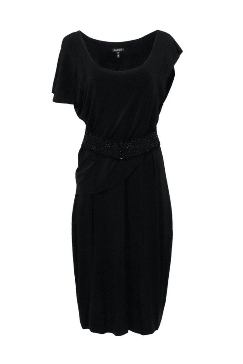 Escada - Black Draped Sleeveless Midi Dress W/ Embellished Belt - Trendy Seconds