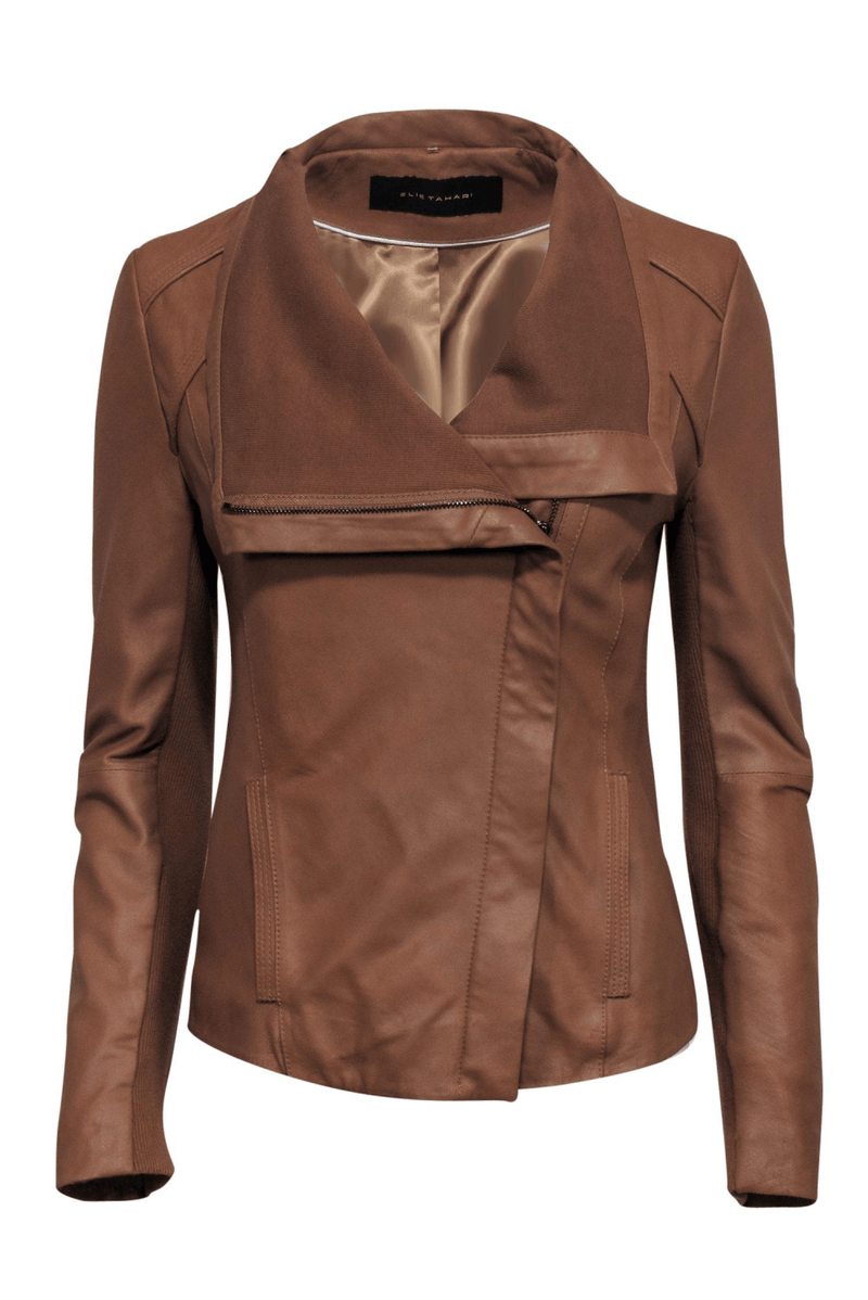 Elie Tahari - Brown Leather Zip-Up Jacket - Trendy Seconds