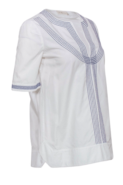 Tory Burch - White Short Sleeve Blouse w/ Navy Embroidery - Trendy Seconds