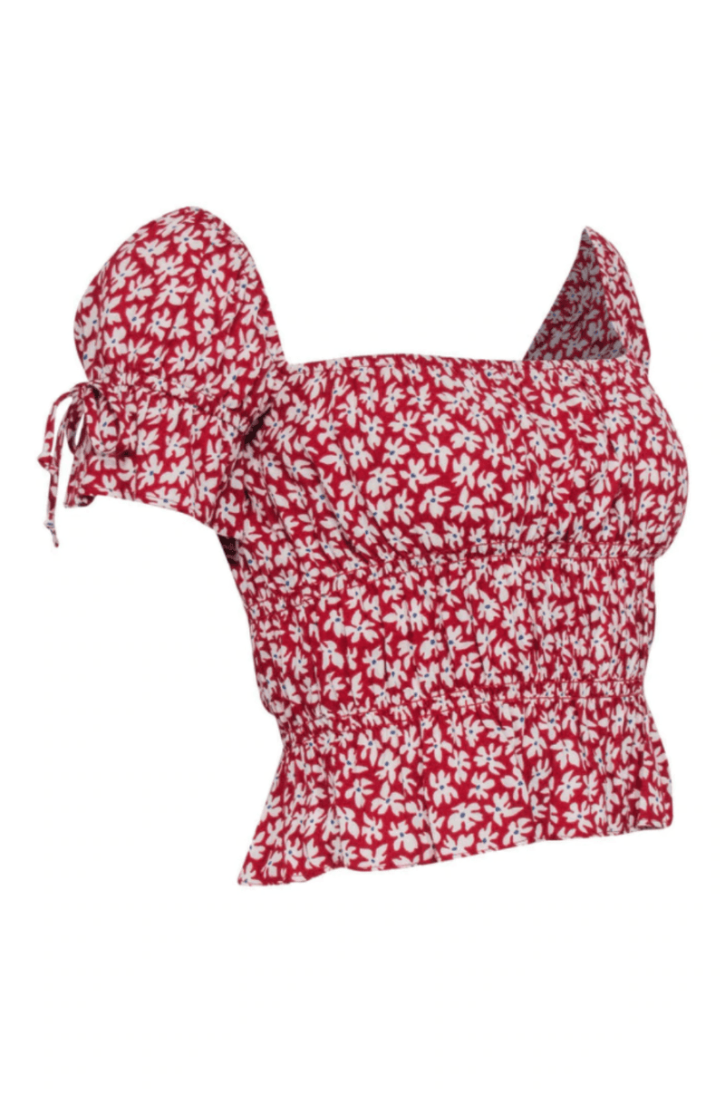 Reformation - Red & White Floral Print Short Sleeve Ruched Crop Top - Trendy Seconds