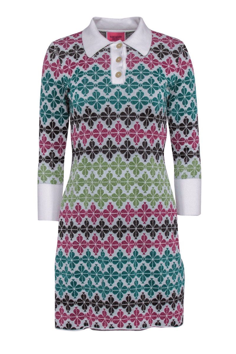 Kate Spade - White, Pink & Green Metallic Clover Print Quarter-Sleeve Knit Dress - Trendy Seconds