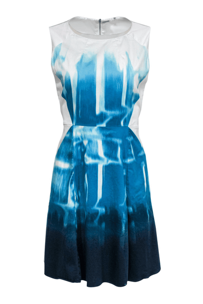 Elie Tahari - Blue Ombre Swirl Printed A-Line Dress - Trendy Seconds