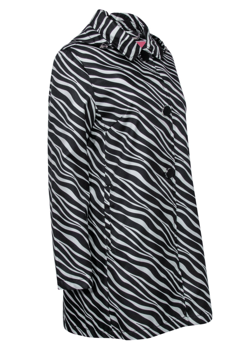 Kate Spade - White & Black Zebra Print Button-Up Hooded Rain Jacket - Trendy Seconds