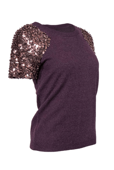 Tory Burch - Plum Short Sleeve Sweater W/ Sequins & Beading - Trendy Seconds