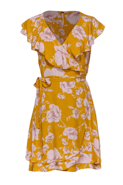 Free People - Yellow Floral Ruffle Wrap Dress - Trendy Seconds