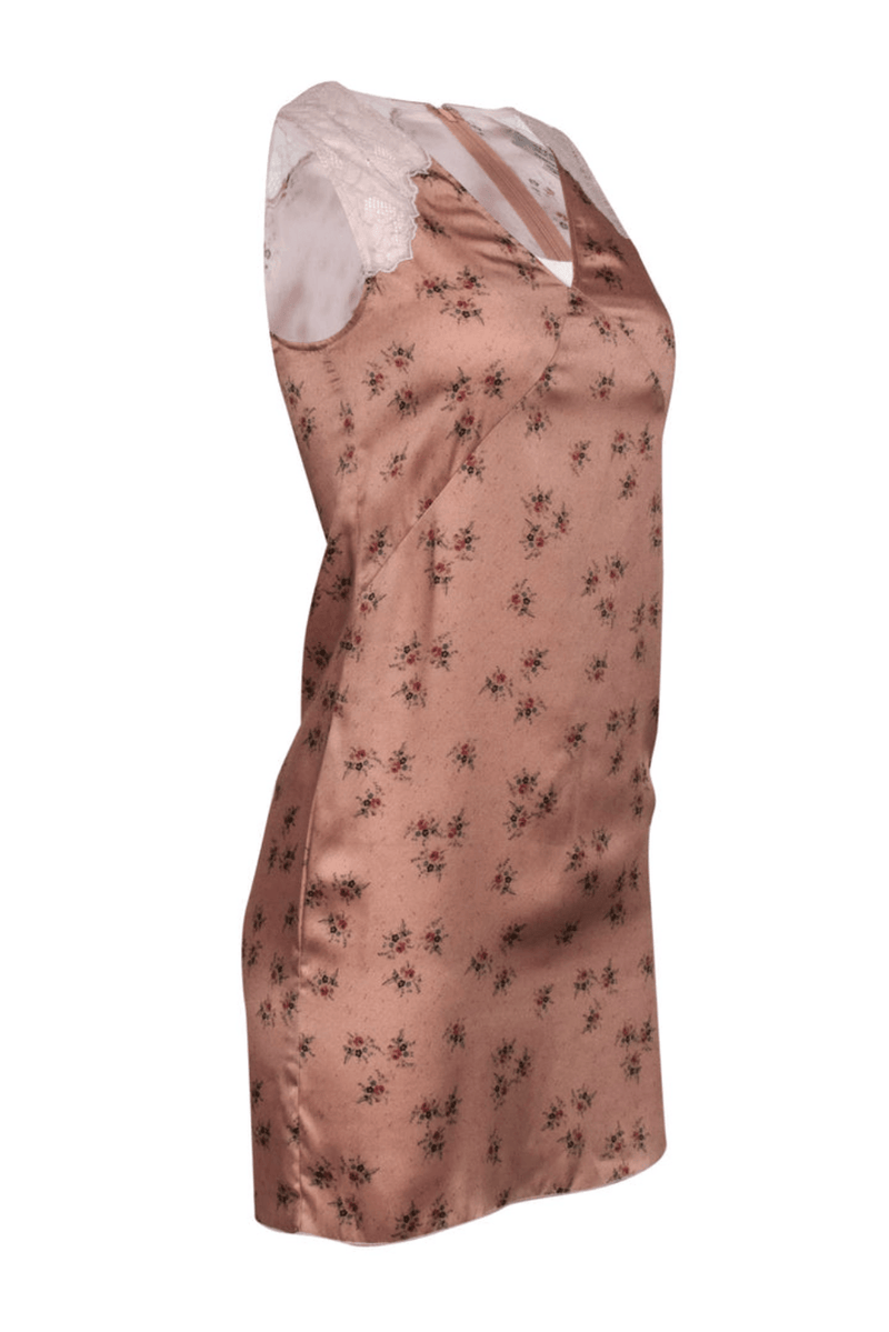 All Saints - Baby Pink Satin Floral Dress W/ Lace - Trendy Seconds