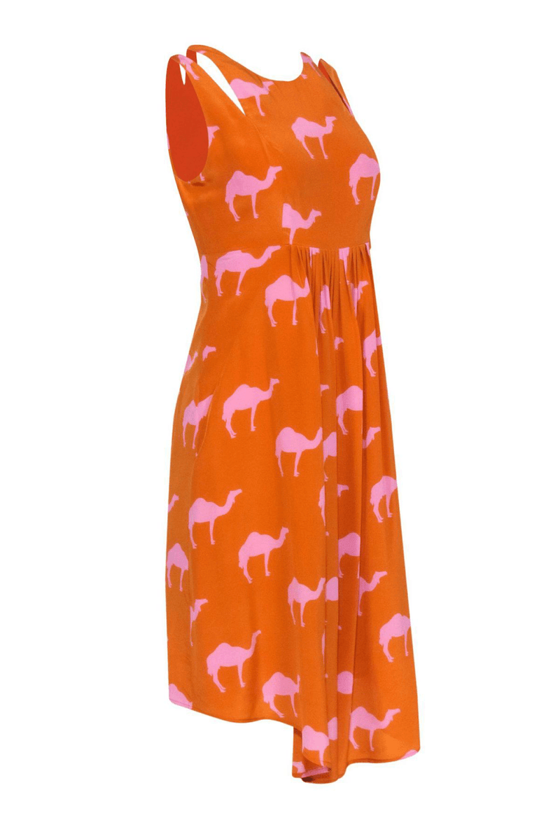 Charlotte Taylor - Orange & Pink Camel Printed Pleated Dress - Trendy Seconds
