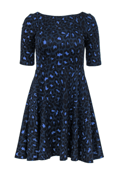 Kate Spade - Navy Leopard Print Fit & Flare Dress w/ Lace-Up Back - Trendy Seconds
