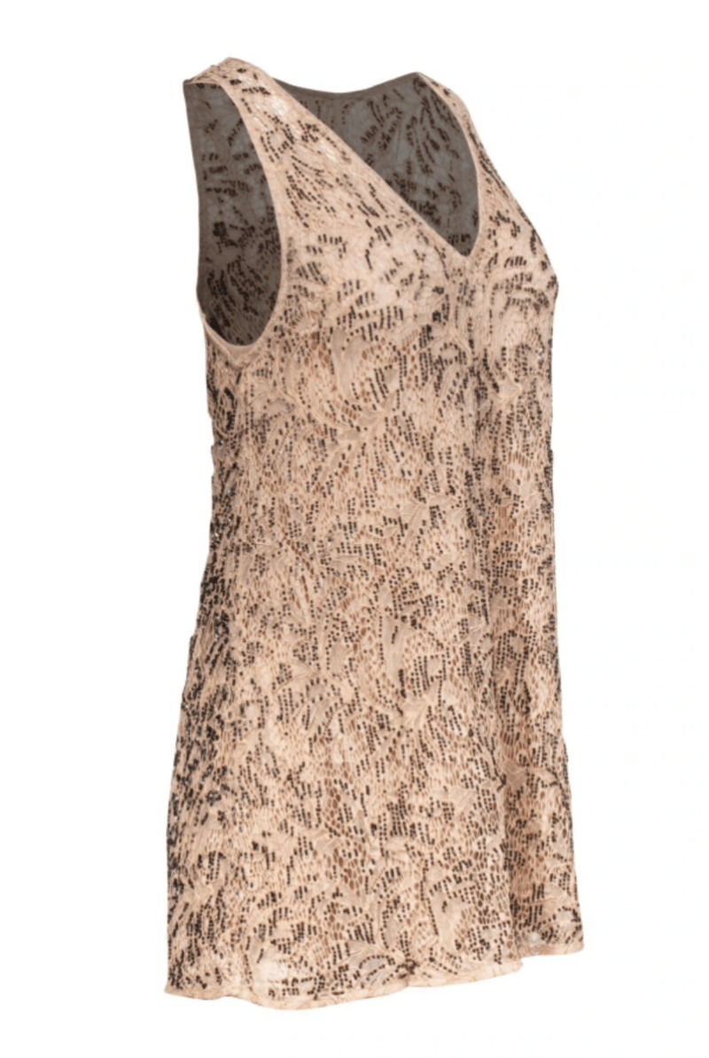 Free People - Beige Lace & Sequin Sleeveless Shift Dress - Trendy Seconds