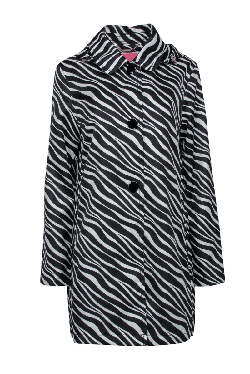 Kate Spade - White & Black Zebra Print Button-Up Hooded Rain Jacket - Trendy Seconds