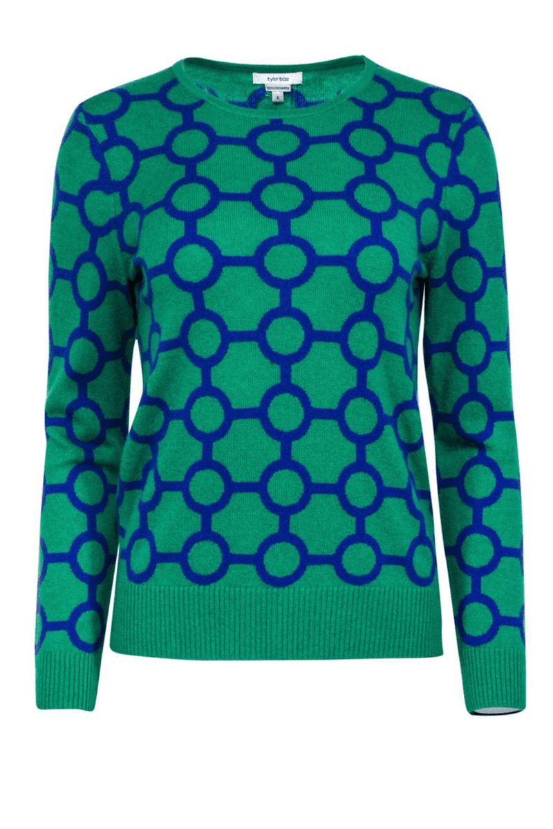 Tyler Boe - Green & Indigo Geometric Print Cashmere Sweater - Trendy Seconds