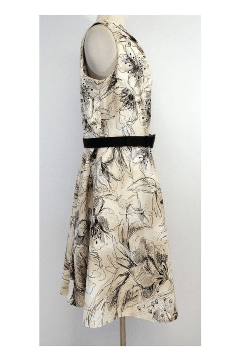 St. John - Tan & Black Floral Print Cotton One Shoulder Dress - Trendy Seconds