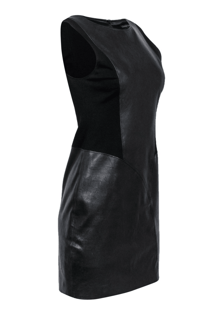 Theory - Black Leather Paneled Sheath Dress - Trendy Seconds
