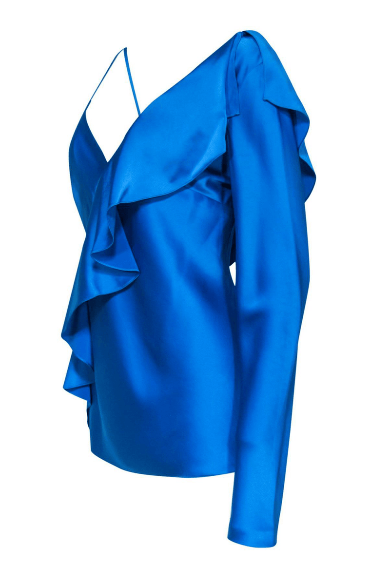 Diane Von Furstenberg - Bright Blue Satin One-Sleeve Ruffle Blouse - Trendy Seconds