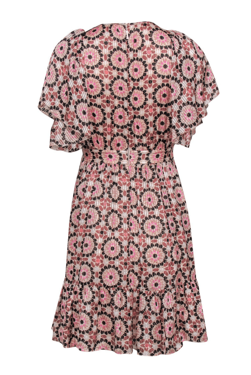 Kate Spade - Pink Metallic Geometric Print Ruffle Short Sleeve Fit & Flare Dress - Trendy Seconds