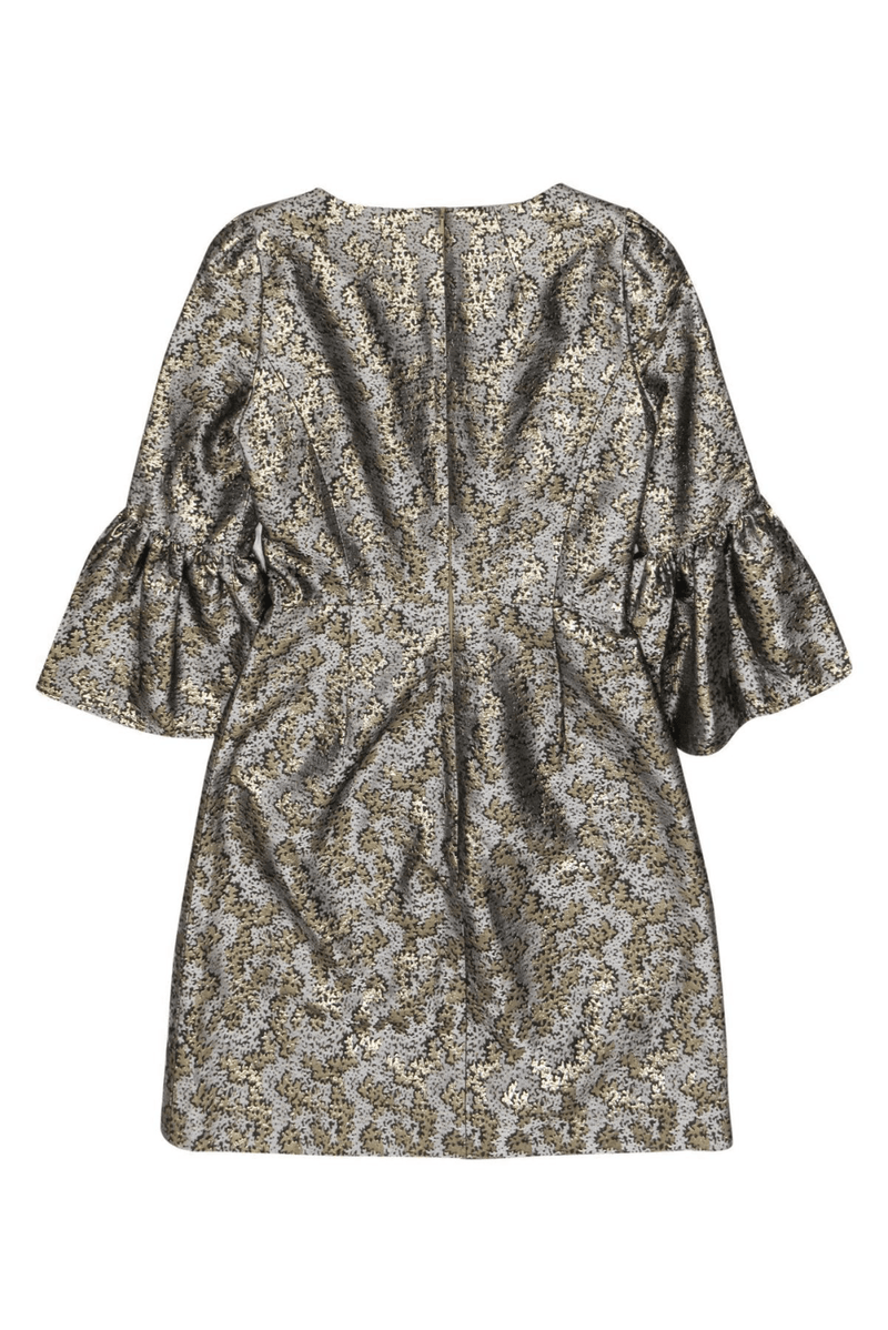 Karen Millen - Silver & Gold Printed Textured Bell Sleeve Fit & Flare Dress - Trendy Seconds