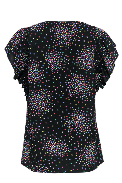Kate Spade - Black & Multicolored Speckled Short Sleeve Ruffle Blouse - Trendy Seconds